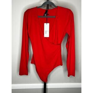 Bobi Los Angeles Red Wrap V-Neck Wrap Long Sleeve Bodysuit Size M NWT